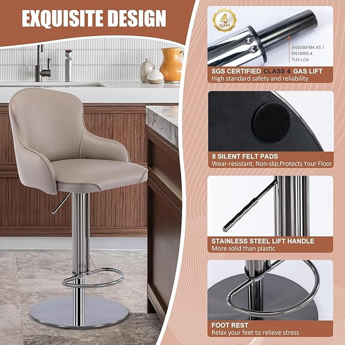 Black Titanium Stainless Steel Bar Stools,Grade Modern Leather Bar Chair with Backrest,Swivel Adjustable Height for Kitchen Counter and Dining Room (Grey Leather-2pcs)