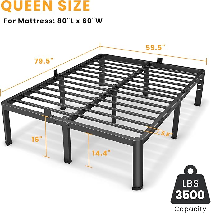 16 Inch Queen Size Metal Platform Bed Frame with Round Corners, Storage Space Under High Bed Frame-Heavy Duty Steel Slats Support, Noise Free - Easy Assembly - No Box Spring Needed