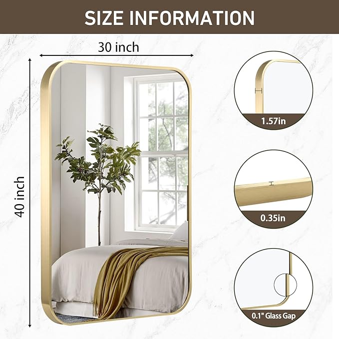 Gold Bathroom Mirror, 40x30 Inch Brushed Gold Mirror, Aluminum Alloy Framed Rectangle Bathroom Mirror for Over Sink, Anti-Rust Wall Mirror (Horizontally or Vertically)