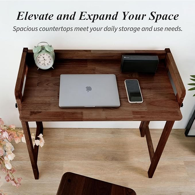Computer Desk, Foldable Desk, Home Office Desks, Solid Wood Writing Desk, Mid Century Modern Desks, Oak Study Table, Folding Desks for Small Spaces, 39.4 W x 27.6 H x 13.6 D Inches, Walnut