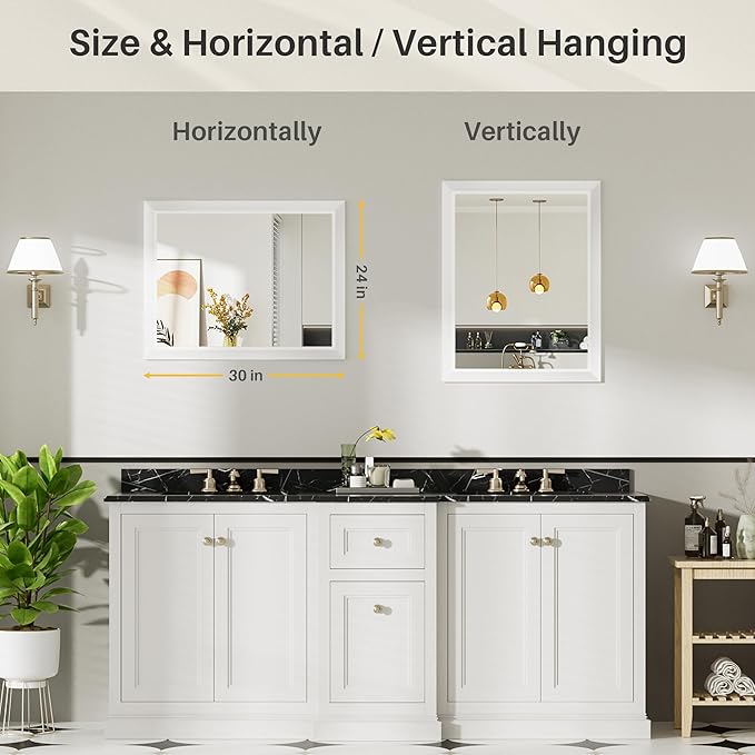 24x30 Inch White Bathroom Mirror for Wall, Thick Metal Framed Rectangle Mirrors for Over Sink, Bedroom, Living Room, Entryway, Anti-Rust, HD Tempered Glass