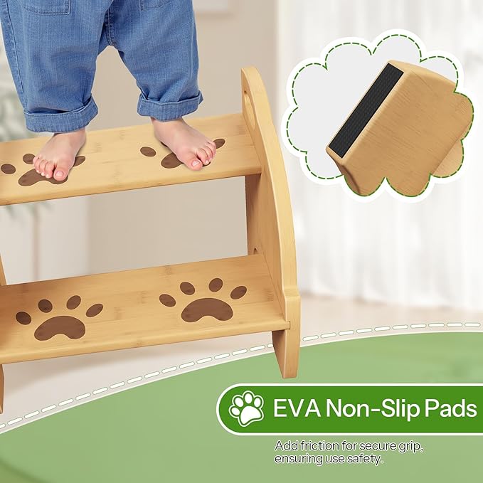 HOOBRO Wooden Toddler Step Stool for Kids, Two Step Stools with Handles and Safety Non-Slip Pads, Bamboo Step Stool for Sink, Bathroom, Kitchen, Bedroom, Easy to Move, Natural YL21JD01
