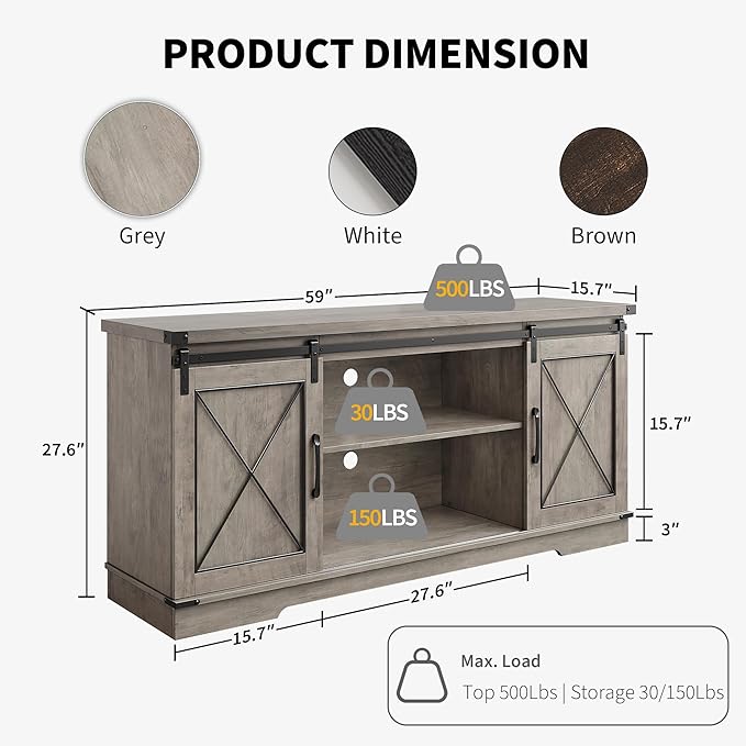 IDEALHOUSE Farmhouse TV Stand and Entertainment Center for Tv up to 65 inches with Sliding Barn Doors and Adjustable Shelf, Tv Media Console Table with Storage Cabinet for Living Room, Grey