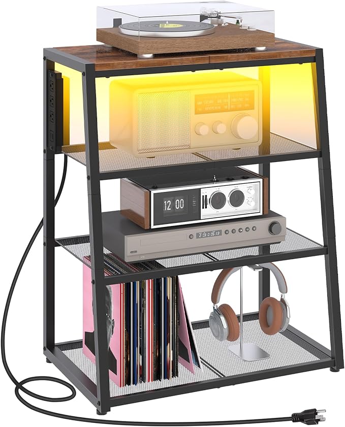 HOOBRO 4-Tier AV Media Stand with Charging Station and LED Light, Wooden Stereo Cabinet, Corner TV Stand, Rack Audio Tower, Corner Entertainment Center, Rustic Brown and Black BF107UDCJ01
