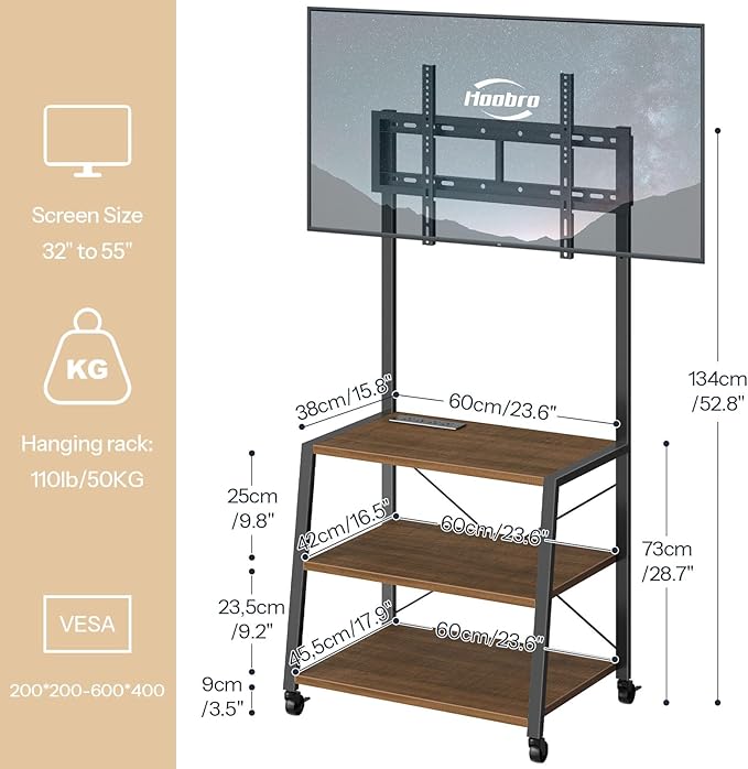 HOOBRO Rolling TV Stand with Mount and Power Outlet Up to 55 inch TV, Corner Entertainment Center, Small TV Stand with 3-Tier Storage Shelves for Living Room, Bedroom, Black and Walnut BH66UDS01