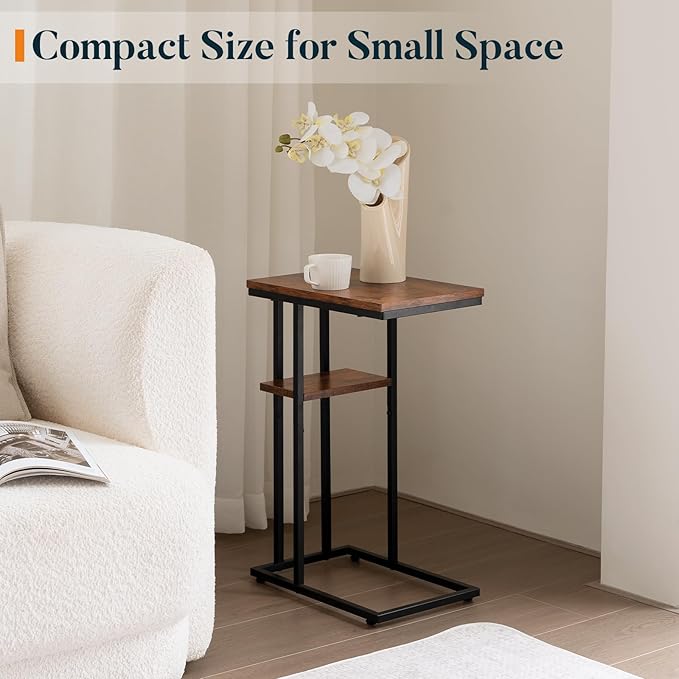 Yoobure C Shaped End Table, Side Table for Couch and Bed, Small Side Tables for Small Spaces, Living Room, Bedroom, Rustic Snack Tables