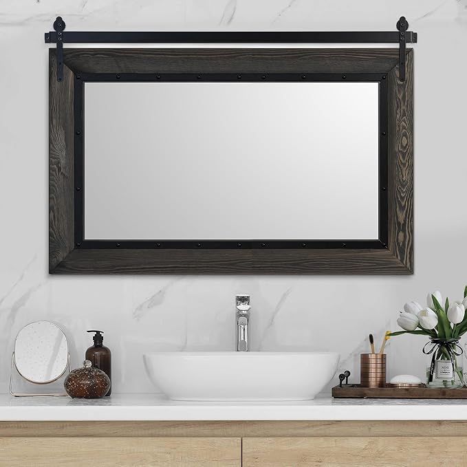 YOSHOOT Farmhouse Barn Door Mirror, 48"x30" Rustic Bathroom Mirror, Wood Frame Wall Mirror, Wooden Mirror for Living Room Bedroom Entryway Wall Décor, Horizontal Hanging ONLY