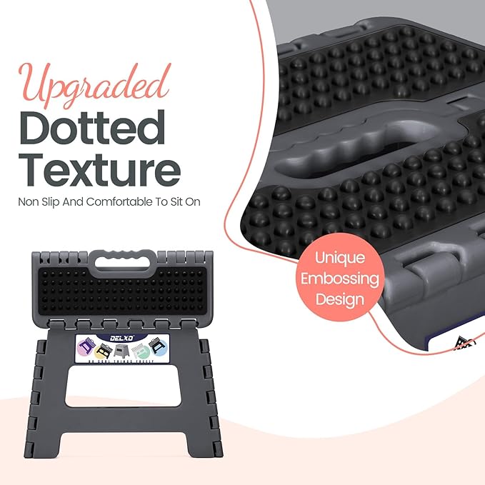 Delxo Folding Step Stool 9 Inch,Non-Slip Foldable Stools Up to 300 LBS,Kitchen Collapsible Fold Up Stepping Stool with Dotted 1 Pack,Gray