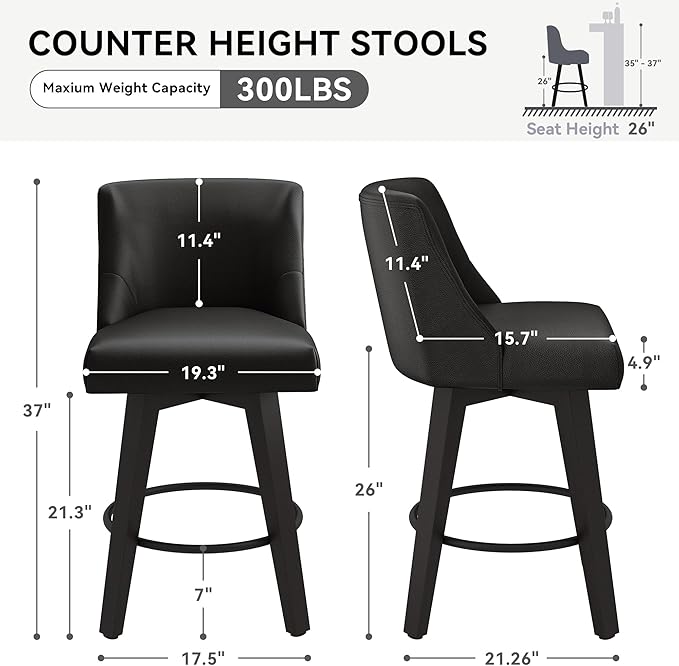 Counter Height Swivel Bar Stools Set of 3, 26 Inch Bar Stools with Footrest, Faux Leather Upholstered Barstools with Back and Solid Wood Legs for Kitchen Island, Dining Room,Pub,Black