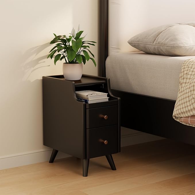 Small Nightstand with Drawers, Solid Wood Bedside Table, Narrow Walnut Nightstand for Bedroom