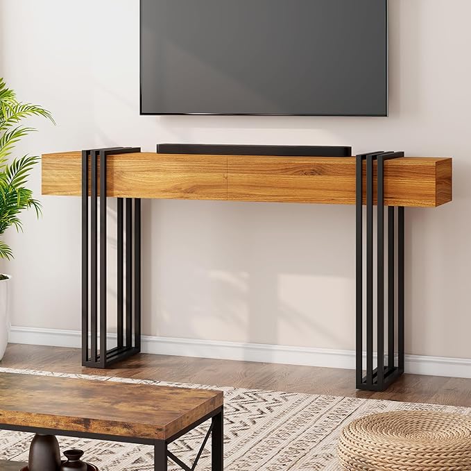 63 Inch Long Console Table, Industrial Sofa Table Behind The Couch Rectangular Entryway Table for Entrance Hallway Living Room, Brown