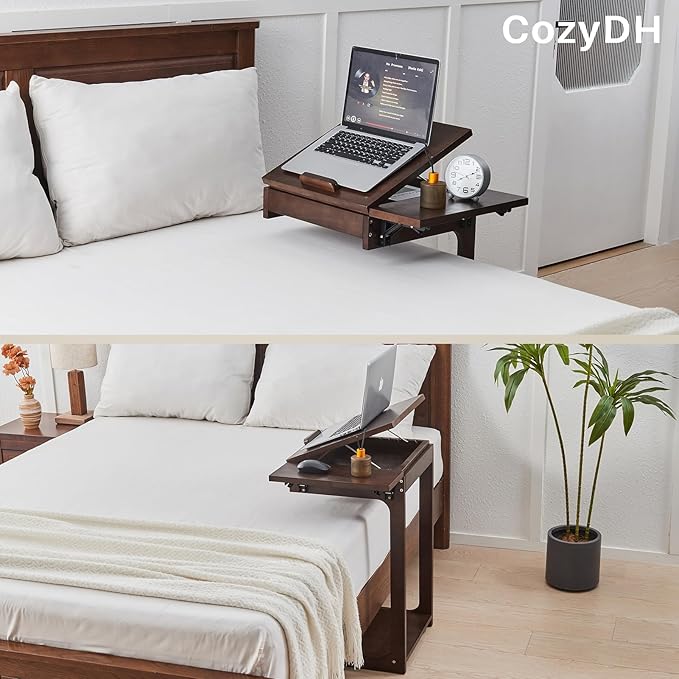 CozyDH Rolling Side Table with Wheels, Adjustable C Shaped End Table for Couch, Solid Wood TV Tray Sofa Arm Table for Eating Multi-Purpose, Small Coffee Table Living Room Bedroom, Walnut