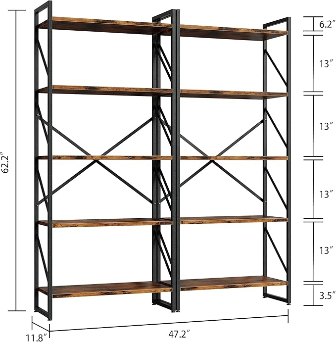 Shintenchi 2 Pieces 5 Tiers Bookshelf, Classically Tall Bookcase Shelf, Industrial Book Rack, Modern Book Holder in Bedroom/Living Room/Home/Office, Storage Rack Shelves for Books/Movies-Rustic Brown