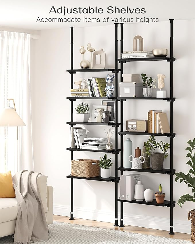 ALLZONE 5 Tiers Narrow Bookshelf, Tall Adjustable Ladder Book Shelf with Open Storage, Floor to Ceiling Tension Mount, Wooden Industrial Bookcase for Living Room, 92 to 116 Inch, Black