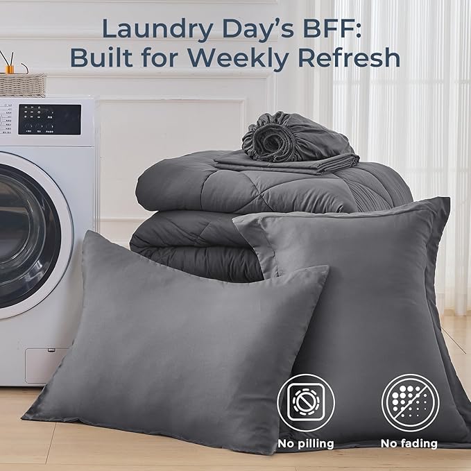 HEVUMYI Twin-XL Comforter Set - 5-Piece All Season Bed in a Bag Twin-XL, Ultra Soft Bedding Set with Comforter, Flat Sheet, Fitted Sheet, Pillowcases, Pillow Shams, Dark Grey