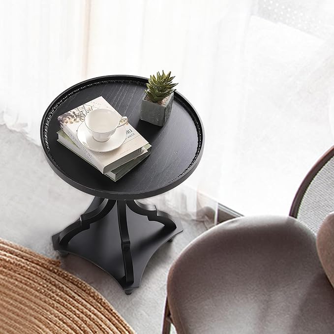 Wnutrees Farmhouse Round Accent End Table, Rustic Side Table Nightstands for Living Room, Wood Tray Top, Handcrafted Finish, Set of 2, Black