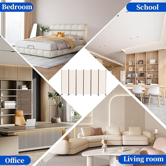 Room Divider 6FT Room Partition with Lockable Wheels, 6 Panel (Thicked Metal Base) Room Dividers, Freestanding Indoor Folding Privacy Screens, Portable Fabric Wall Divider for Room Separation, Beige