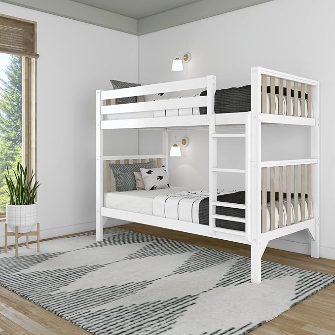 Max & Lily Bunk Bed, Scandinavian Modern Bunk Bed, Solid Wood Twin-Over-Twin Bed Frame for Kids, No Box Spring Needed, Blonde/White