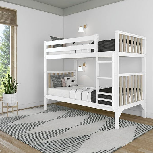 Max & Lily Bunk Bed, Scandinavian Modern Bunk Bed, Solid Wood Twin-Over-Twin Bed Frame for Kids, No Box Spring Needed, Blonde/White