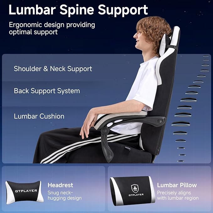 GTPLAYER Gaming Chair, Video Game Chairs with Footrest and Lumbar Support, Computer Chair for Adults with Extended Backrest, Ergonomic Reclining Silla Gamer, Fabric, Black