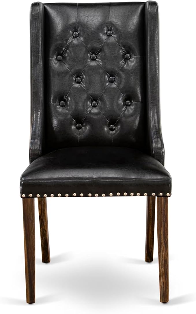 East West Furniture V727FO749-9 9 Piece Modern Dining Table Set Includes a Rectangle Wooden Table with V-Legs and 8 Black Faux Leather Upholstered Chairs, 40x72 Inch, Multi-Color