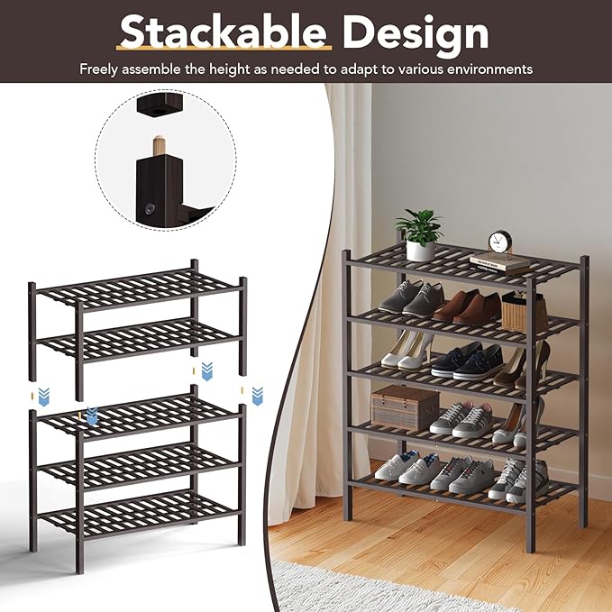 Haddockway Large 2 Tier Bamboo Shoe Rack Storage Organizer, Multifunctional Free Standing Stackable Shoe Shelf with Grid Panel for Closet,Hallway,Entryway,Small Space 27"x12"x14"(Brown, 2-Tier(Large))