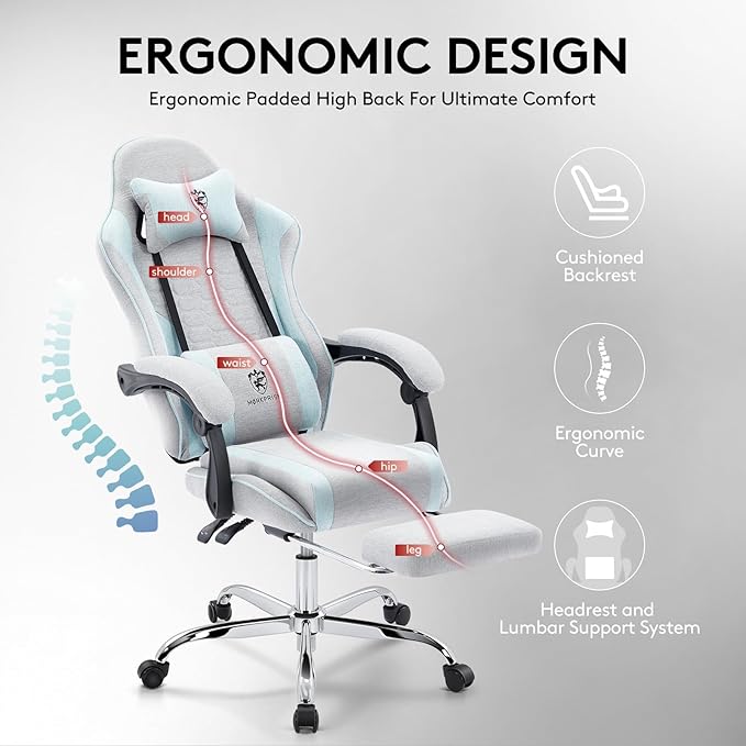 Gaming Chair Breathable Fabric,Computer Office Chair with Footrest,Massage Lumbar Support and Gel Pad,Ergonomic Reclining Adjustable Gamer Chair with Headrest and Spring Cushion Grey Blue