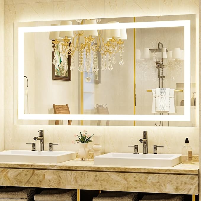 48'' x 32'' LED Bathroom Mirror with Lights, Wall Mirror with Front and Backlight, 3 Colors Vanity Mirror with Lights, Anti-Fog Wall Mirror for Bathroom