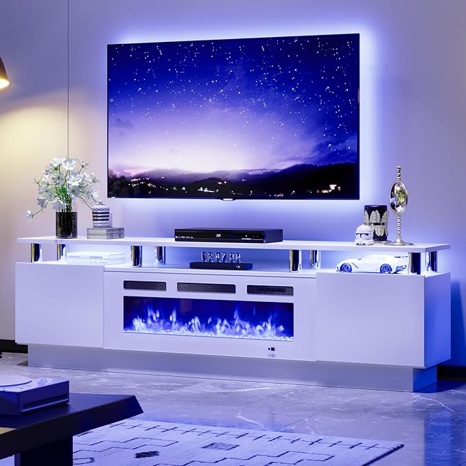 70" TV Stand for Living Room, Entertainment Center & Media Console with Storage, Fits TVs up to 80", Modern TV Cabinet with Shelves, 36" Electric Fireplace (All White)