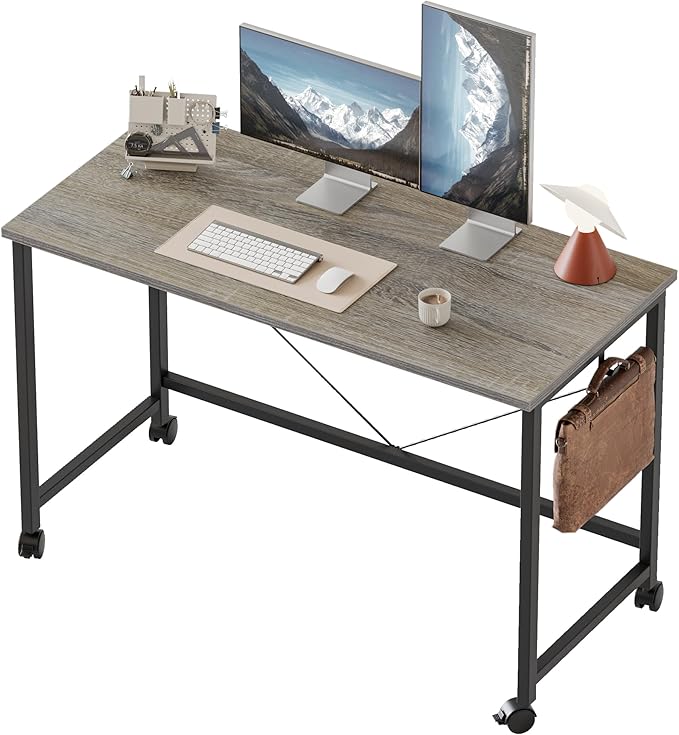 Rolling Computer Desk with Wheels, Gaming Desk for Small Spaces, Modern Simple Style Table for Home Office, Study Writing Table (Caster, Stone Gray, 40 inch)