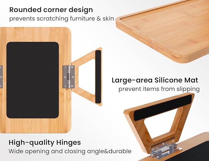 2 Pack Couch Arm Tray,Bamboo Folding Sofa Tray,Sofa Armrest Trays Clip-On Couch Desk for Drinks,Snacks,Phone,Remote Control（Natural）