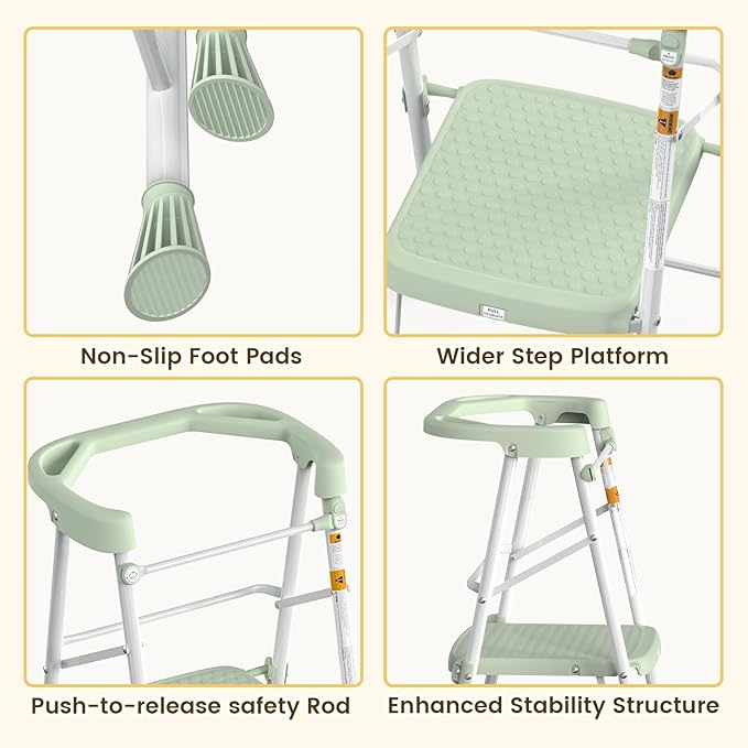 Kids Step Stool 2 Steps, Toddler Tower for Kitchen Counter Learning, Toddler Kitchen Stool Helper with Anti-Drop Safty Railing Kids Standing Folding Stepper, Green