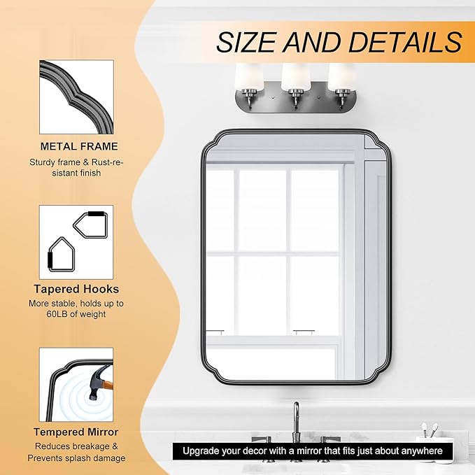 28"x36" Black Bathroom Mirror with Rustproof Metal Frame, Modern Rounded Corner Wall Mirror for Vanity Over Sink, Horizontal/Vertical Hanging