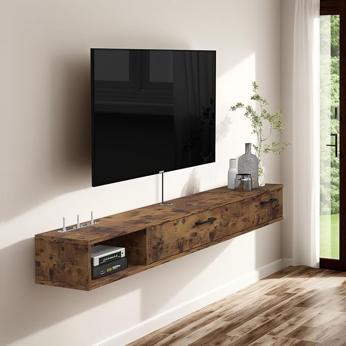 Pmnianhua Farmhouse Floating TV Stand with 2 Doors for TVs up to 80'',78'' Under TV Shelf Floating,Wall Mounted TV Shelf,Rustic Floating TV Console for Under TV(Rustic Brown)