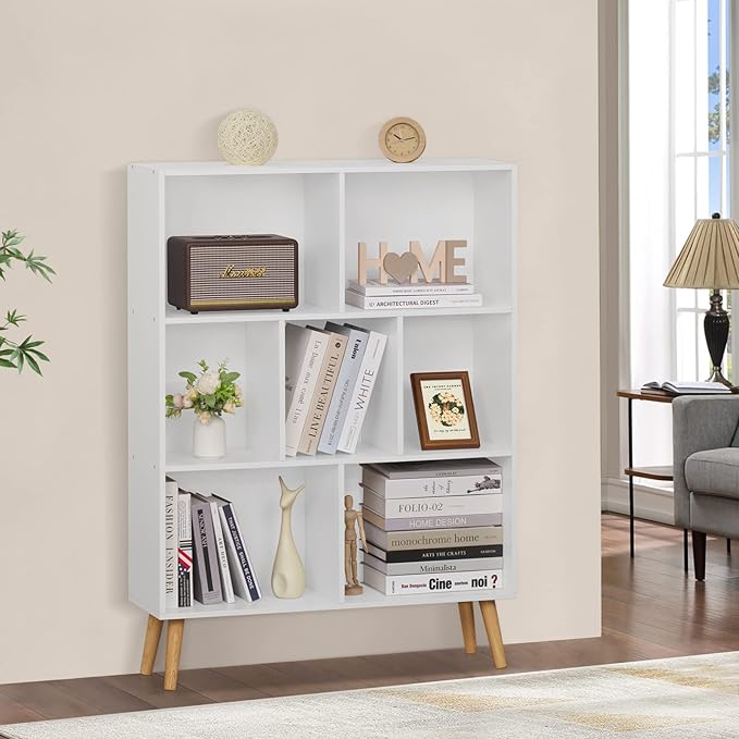 YAHARBO White Bookshelf,3 Tier Book Shelf with Legs, 7 Cube Minimalist Bookcase,Storage Organizer Shelves Display Bookcases for Bedroom,Living Room