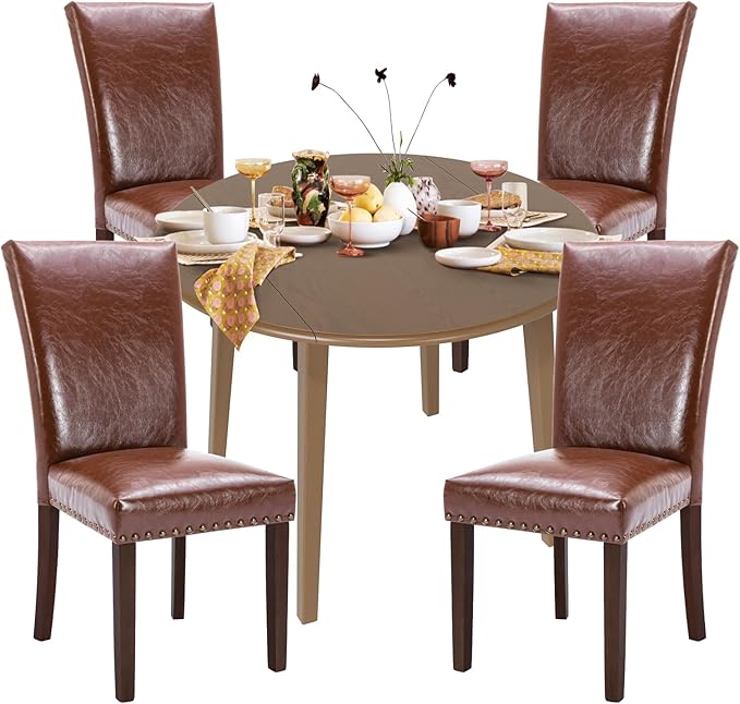 COLAMY 5-Piece Extendable Dining Table Set for 4, 36" Kitchen Round Wood Table with 4 Nailhead Dining Room Chairs,Light Brown/Light Brown