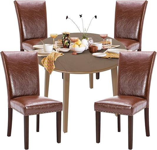 COLAMY 5-Piece Extendable Dining Table Set for 4, 36" Kitchen Round Wood Table with 4 Nailhead Dining Room Chairs,Light Brown/Light Brown