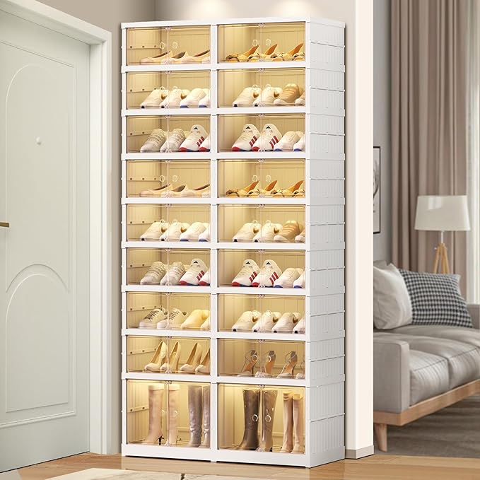 Foldable 9-Tier Shoe Rack Organizer for 18-36 Pairs - Collapsible Clear Plastic Shelf for Closet, Entrance or Front Door - Tall Stackable Folding Shoes Storage Boxes cabinet