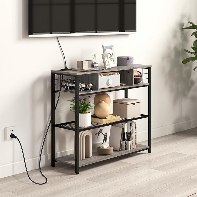Narrow Entryway Console Table with Storage, Drawer and Charging Station - Behind Couch Table with Outlet and USB Ports for Living Room Foyer, Grey