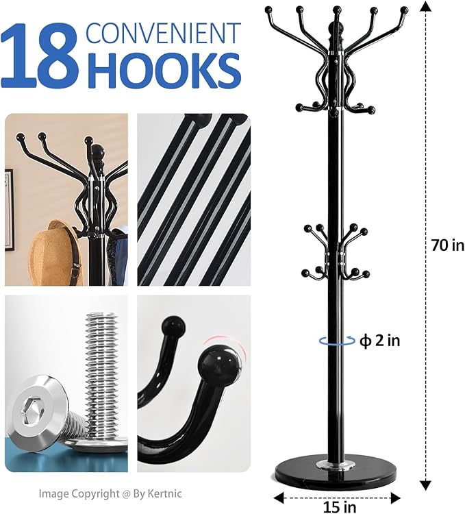 Kertnic Freestanding Coat Rack with 18 Hooks & Marble Base - Heavy Duty Metal Hall Tree Stand for Entryway, Hats, Coats, Bags Rack- Modern Hanger Organizer for Home, Office, Dorm (18 hooks -Black)