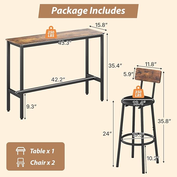 Dining Table Set for 2, 3-Piece Bar Table and Chairs Set, Kitchen Table and Chairs, High Top Table with 2 PU Upholstered Stools, Space-Saving Pub Table Sets for Small Space, Brown