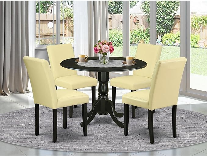 East West Furniture DLAB5-BLK-73 5 Piece Dining Table Set for 4 Includes a Round Kitchen Table with Dropleaf and 4 Eggnog Faux Leather Upholstered Chairs, 42x42 Inch, Black