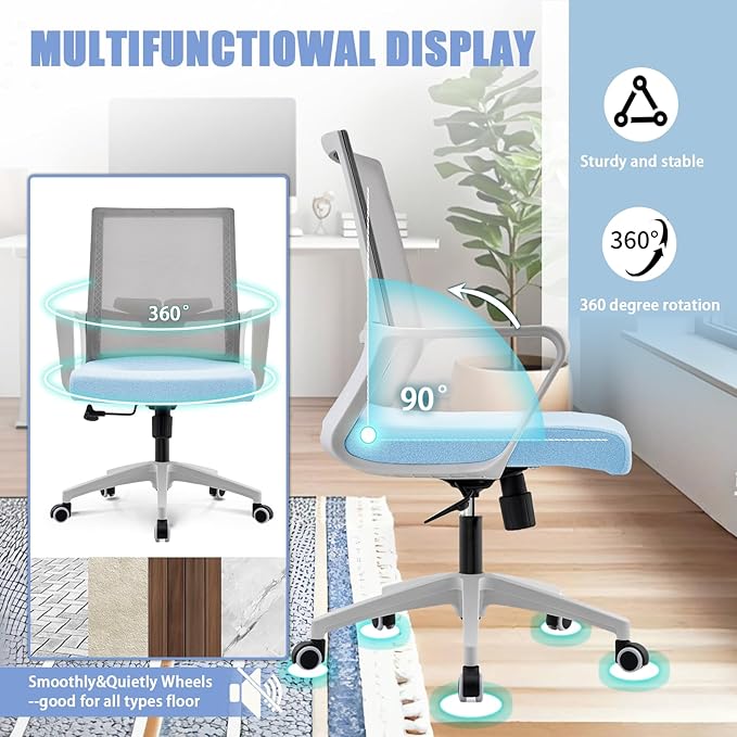 Office Chair ergonomically Designed with Breathable mesh backrest and Lumbar Support Adjustable Height Suitable for Offices Homes bedrooms Study Rooms Blue