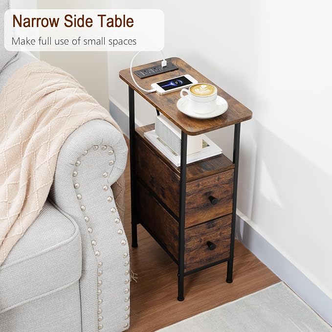 Narrow End Table Living Room with Charging Station, Skinny Side Table with Fabric Drawers, Slim Nightstand for Bedroom, Small Spaces, Couch, Rustic Brown, HETNDP02PBR-1