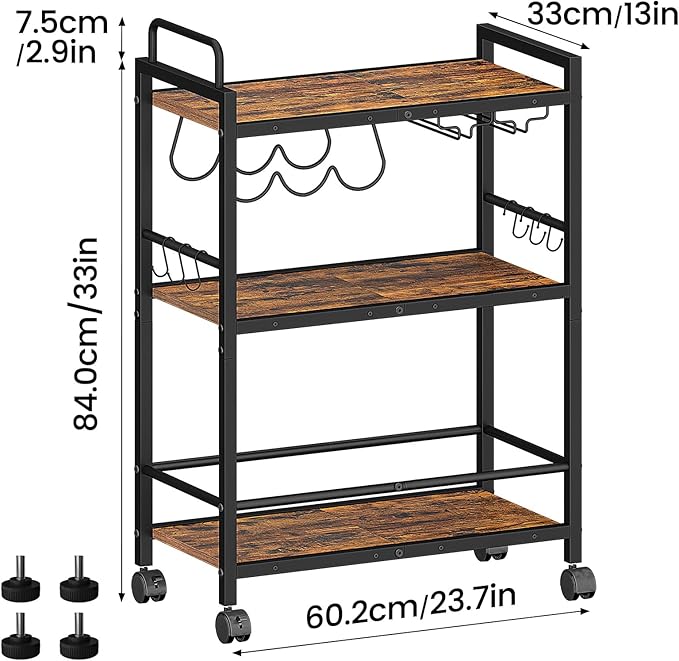 Home Bar Serving Cart, Serving Cart with Wheels and Handle, 3 Tier Rolling Kitchen Cart, Microwave Cart, Beverage Cart with Wine Holder and Glass Holders, for Dinning Room, Living Room, Kitchen