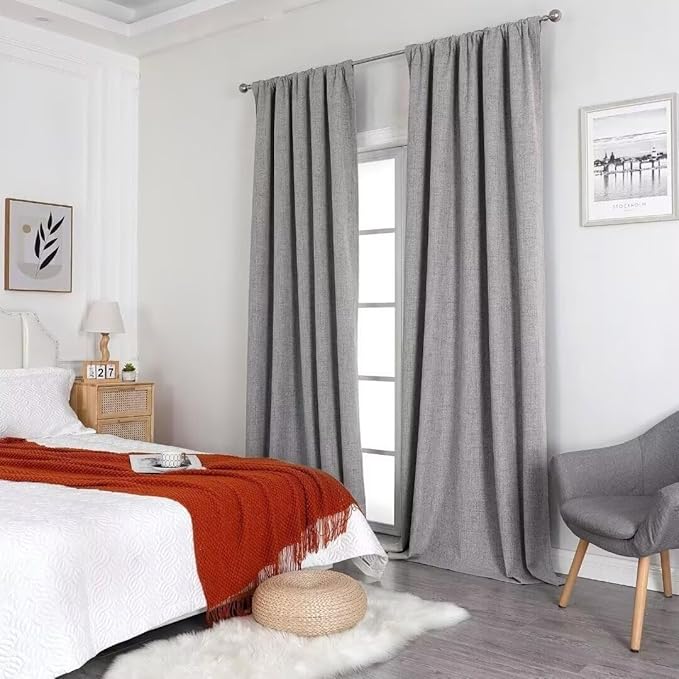 Joydeco Natural Linen Curtains 96 inch Length 2 Panels Set Burg 100% Blackout Patio Door Curtain Room Darkening Sliding Door Curtains Thermal Insulated Back tab Rod Pocket(105x96 inch, Light Grey)