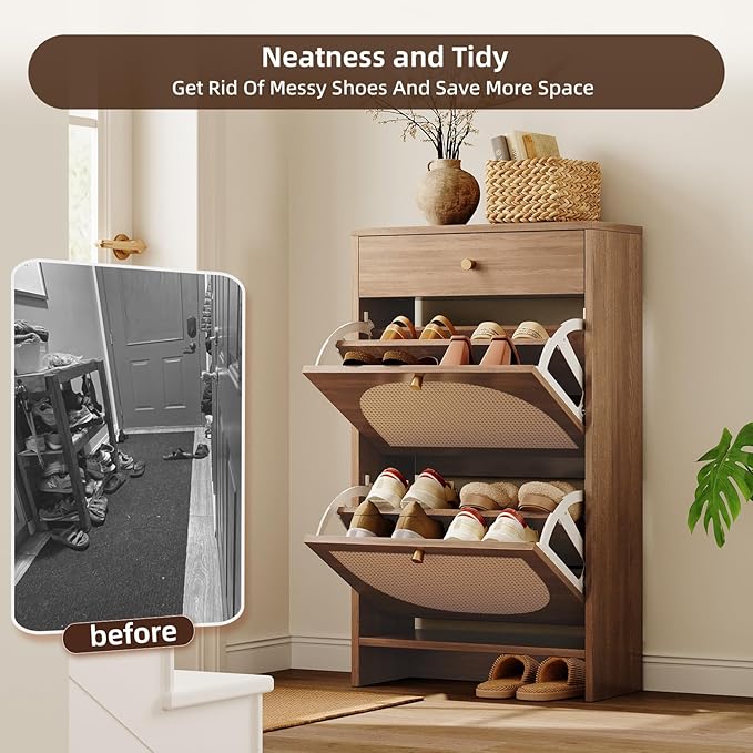 Nicetree Shoe Storage Organizer with 2 Flip Drawers and 1 Drawer, Freestanding Fluted Accent Narrow Shoe Rack, Farmhouse Shoe Cabinet with 3-Tier Adjustable Shelves for Hallway Foyer Rustic