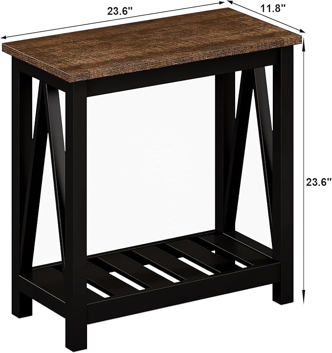 ChooChoo Farmhouse End Table, Rustic Vintage Narrow End Side Table with Storage Shelf for Small Spaces, Nightstand Sofa Table for Living Room, Bedroom Black 2 Pack