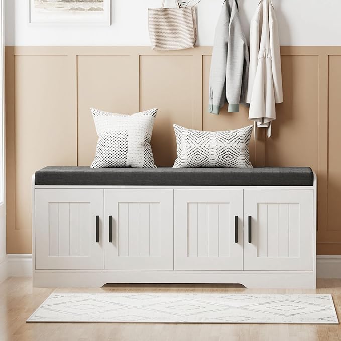 2-Tier Storage Bench, Shoe Bench with Thickened Padded Seat Cushion, Entryway Bench with 4 Doors, Adjustable Shelf, 13.8" D x 45.3" W x 18.5" H, for Entryway, Living Room, Bedroom, White