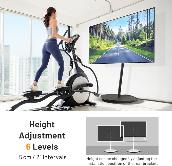WALL Seven Stand A2 Grand | Rolling TV Stand for 45–80" w/ 15.75" AV Shelf | Satin White | Portable TV Stand with Shelf | Height Adjustable, Space Saving, for Living Room, Bedroom and Office